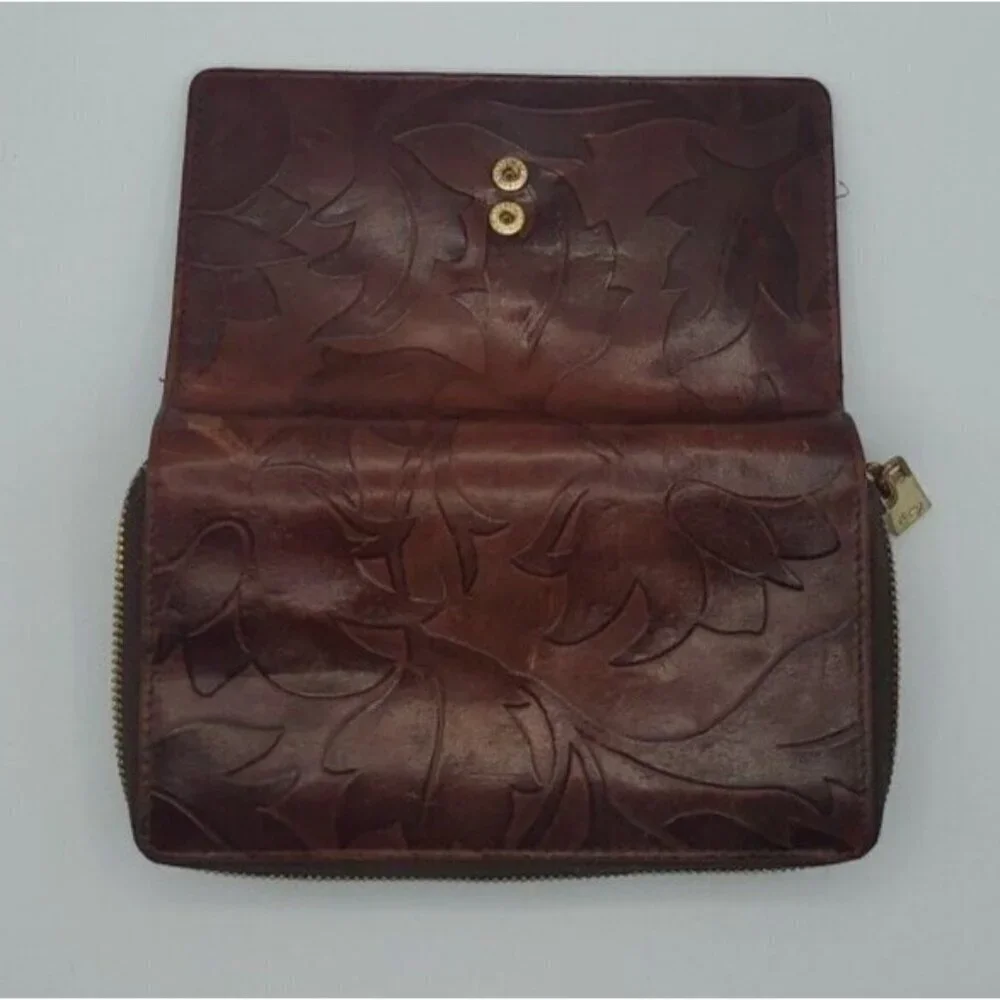 Valentina Genuine Embossed Floral Pattern Design Dark Red Leather Wallet Italy